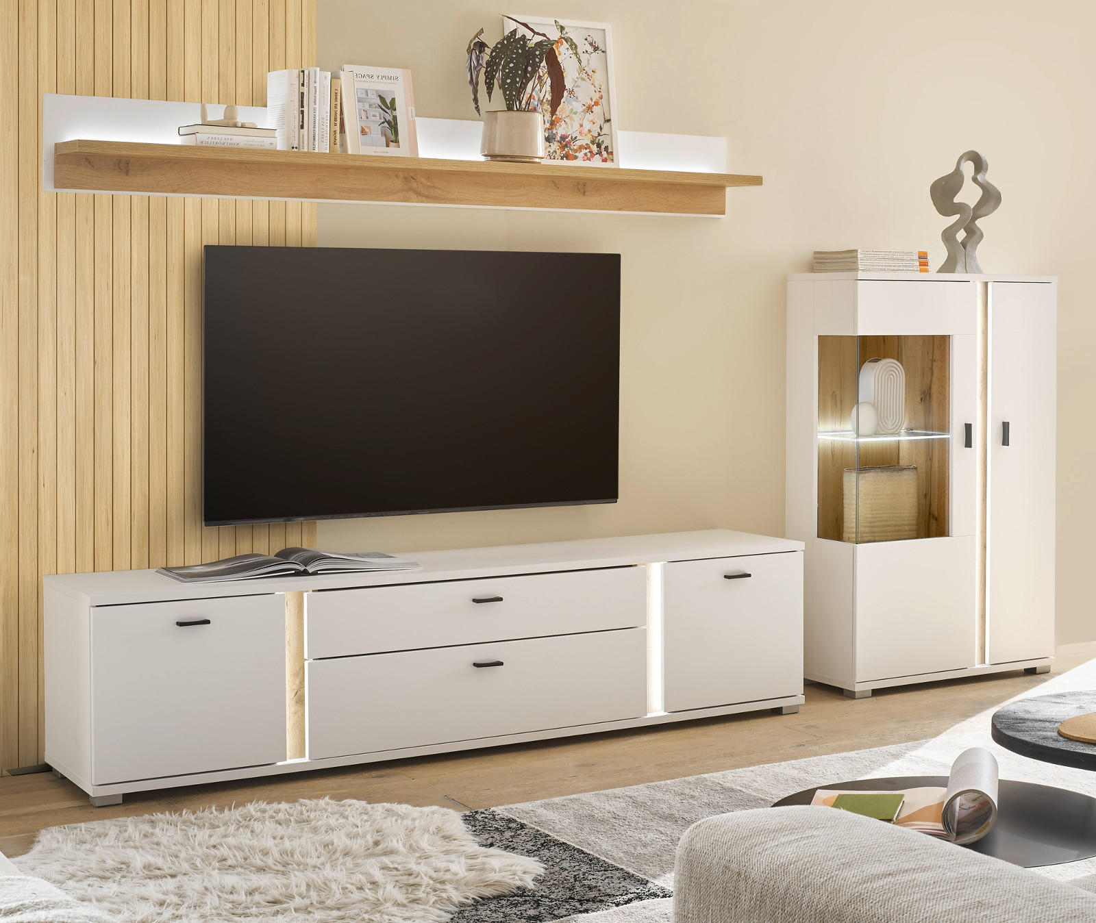 WOHNWAND weiß matt, Wotan Eiche, Wohnkombination inklusive Frontbeleuchtung 290 cm - Eiche Wotan/Weiß, Holzwerkstoff/Metall (290/170/42cm) - Furn.Design