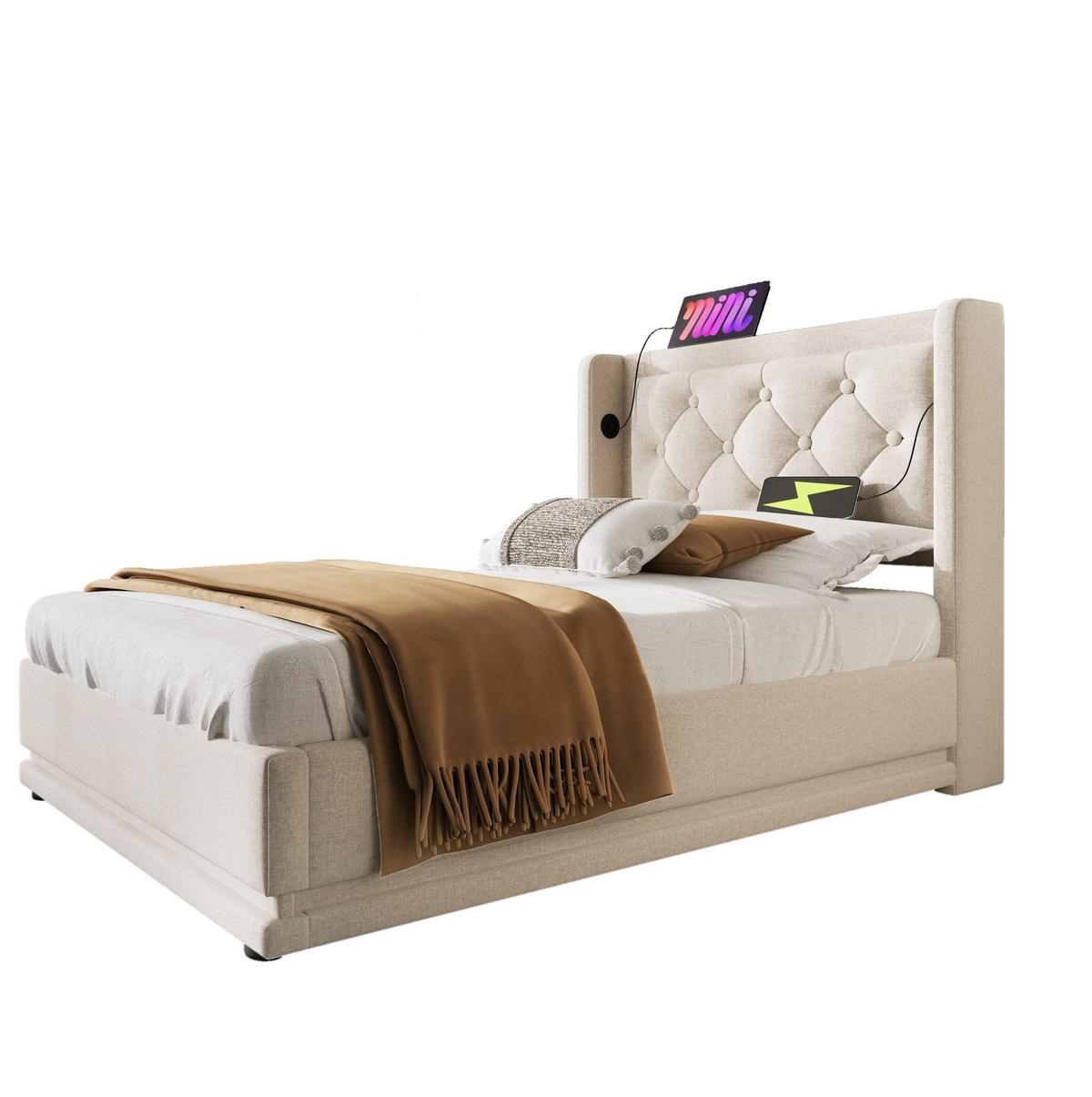 POLSTERBETT 90/200 cm mit hydraulischem Bettkasten, USB/Typ-C & 3-seitiger LED, Beige - Beige, Textil (90/200cm) - Redom