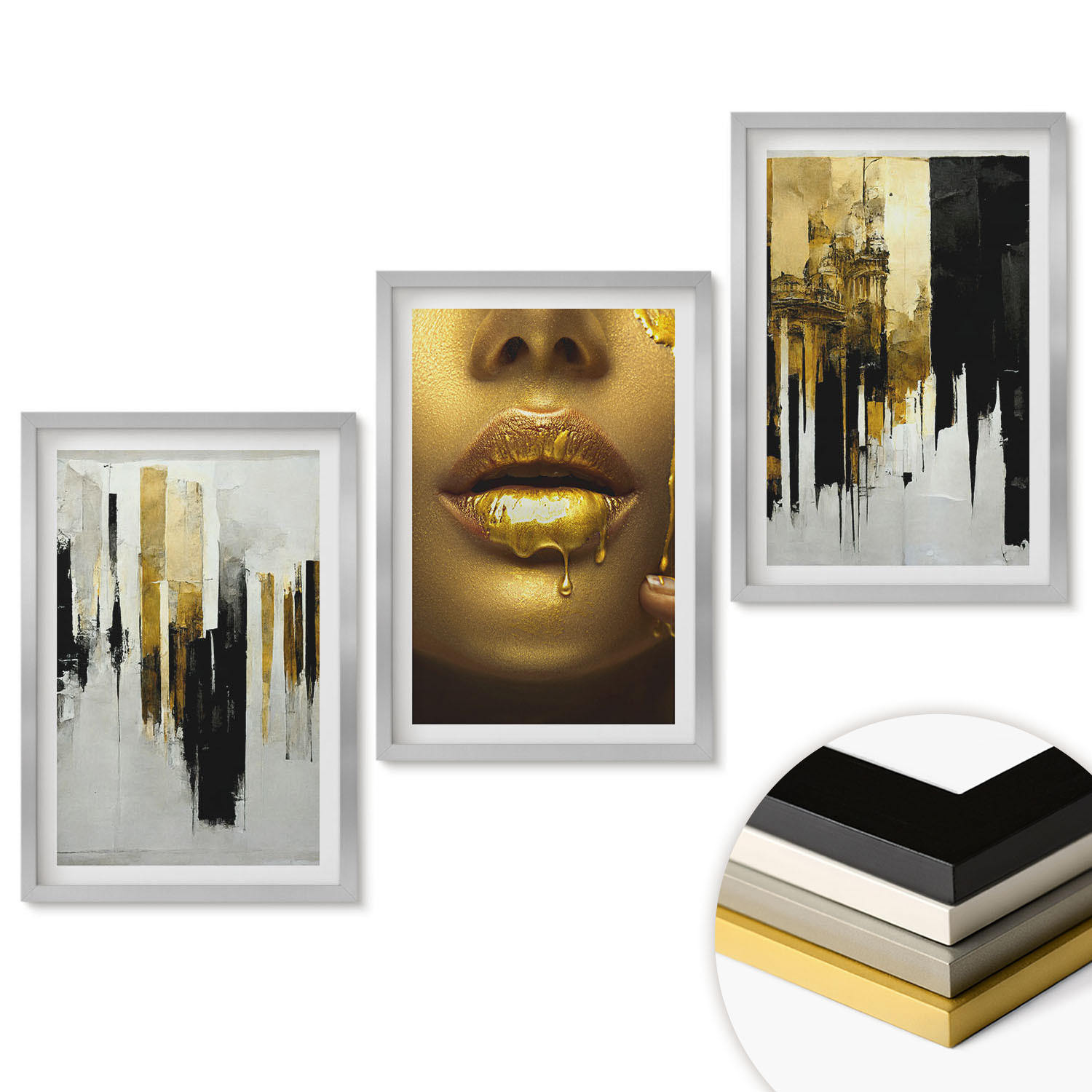 WANDBILDER 3er Set - 40x60 cm Silberner Rahmen - Abstrakte Porträtmalerei - Silberfarben, Kunststoff (40/60cm) - ArtPrintCave