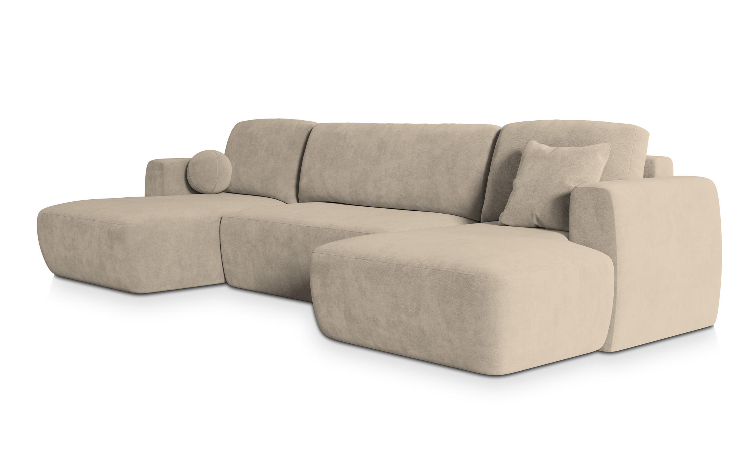 WOHNLANDSCHAFT SENTUM K Beige Plüsch-Stoff mit Schlaffunktion - Beige, Holz (330/90/148cm) - MASSENO