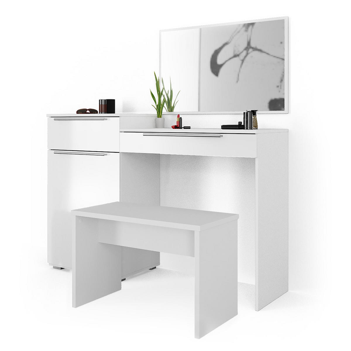 SCHMINKTISCH Lilli Weiß 135 cm mit Bank - Weiß, Holzwerkstoff (135/90/39cm) - Vicco