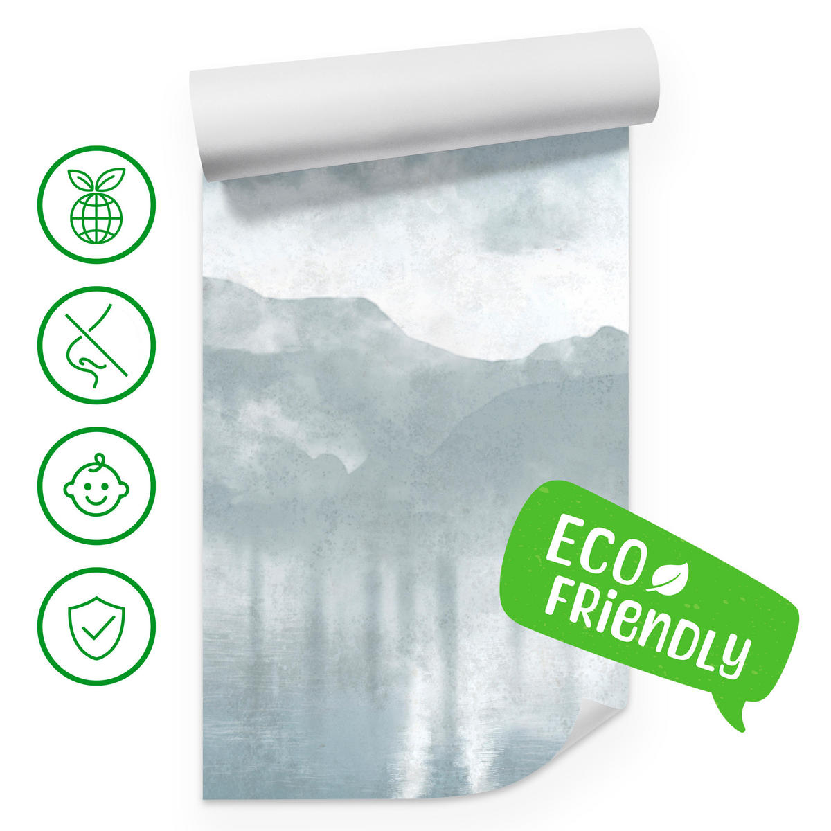 FOTOTAPETE Neblige blaue Landschaft Berge 350x256 - Blau/Weiß, Papier (350/256cm) - Muralo