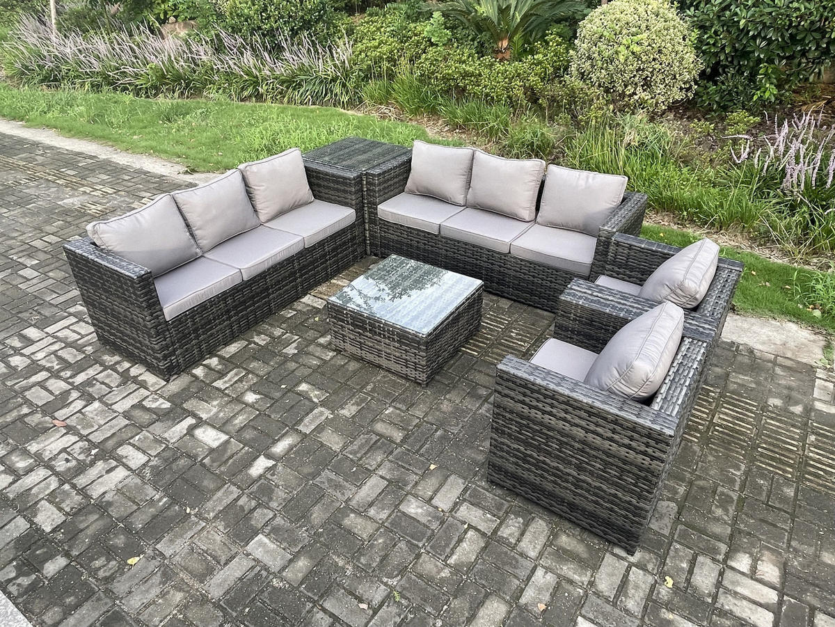 GARTENLOUNGE-SET Polyrattan 8-Sitzer - Dunkelgrau, Metall - Fimous