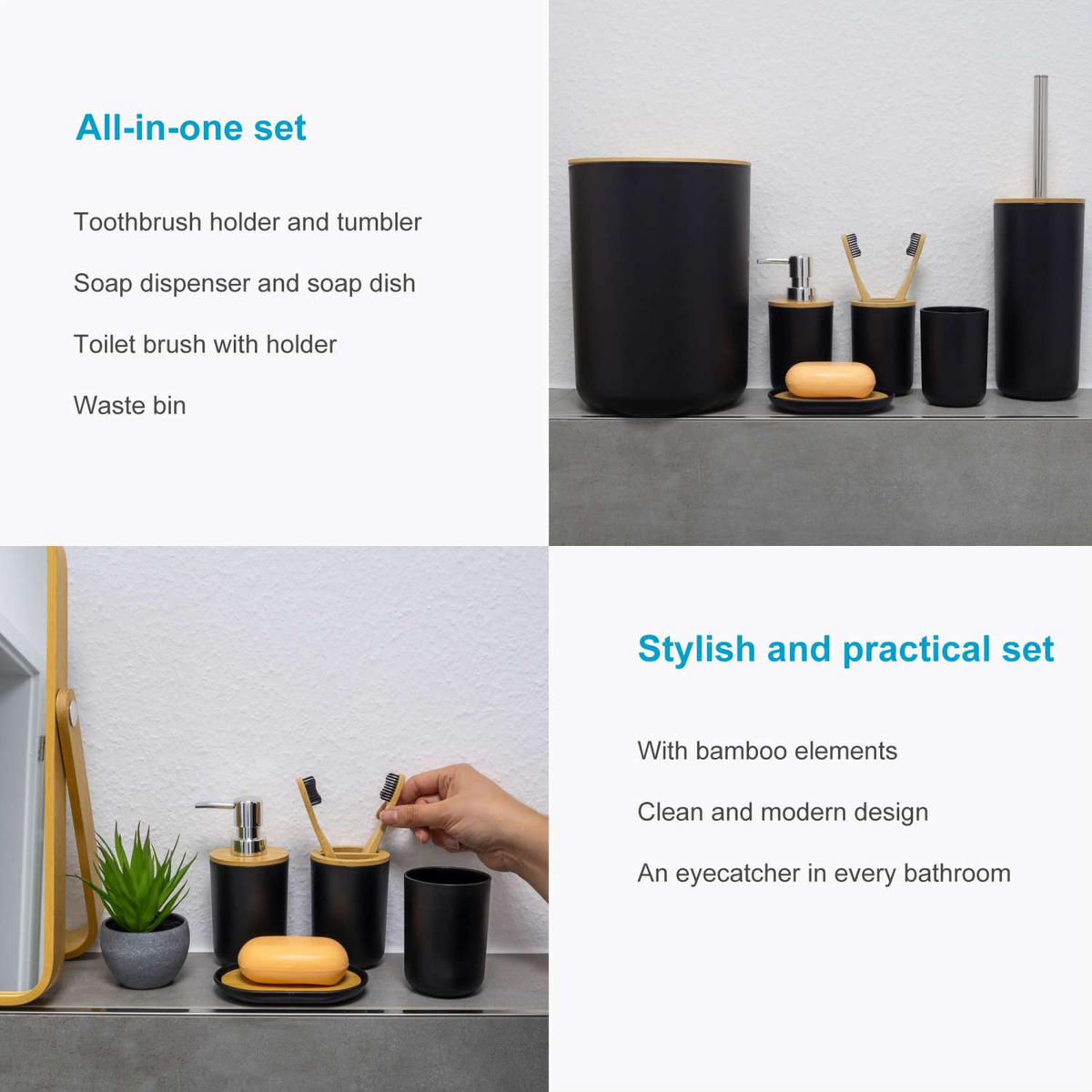BADEZIMMER ZUBEHÖR SET (6-tlg.) mit Zahnputzbecher Seifenschale Seifenspender Toilettenbürste - Schwarz, Naturmaterialien (19.5/26/19.5cm) - Intirilife