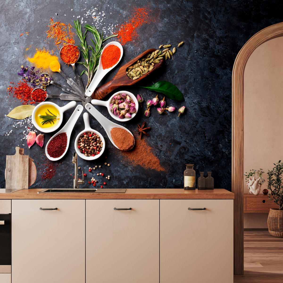 FOTOTAPETA Pre Kuchyňu Orientálne Bylinky Korenie Lyžice 150 x 105 cm - oranžová/hnedá, papier (150/105cm) - Muralo
