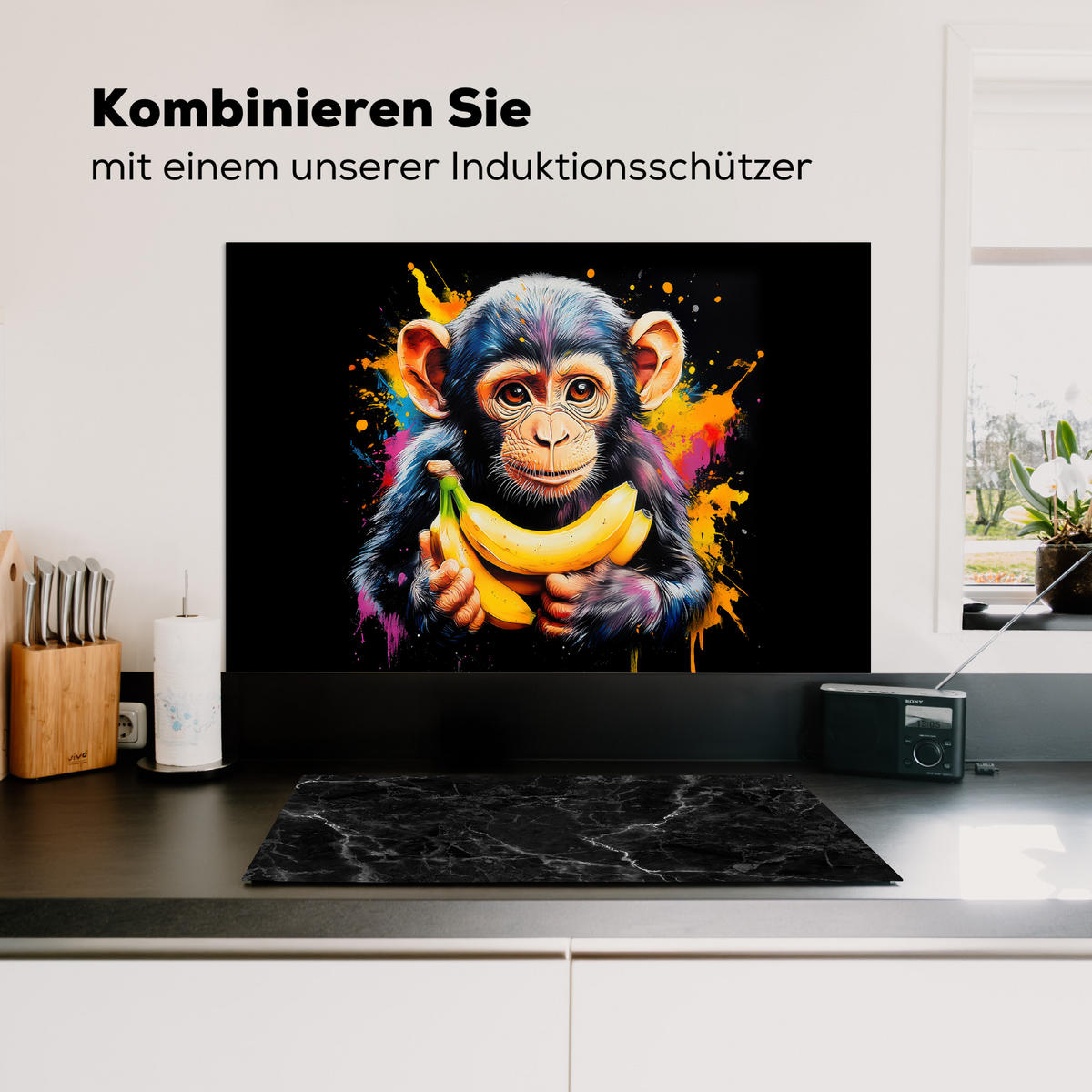 SPRITZSCHUTZ KÜCHE Affe - Graffiti - Farbenfroh - Bananen - Modern 80x55 cm - Gelb, Metall (80/0.3/55cm) - MuchoWow