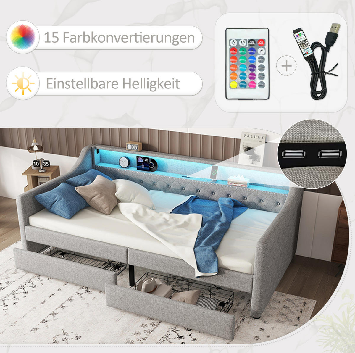 BETT 90/200 cm mit Kopfteil, 2 Schubladen, USB und LED, inkl. Lattenrost, Grau - Grau, Textil (90/200cm) - BEAOK