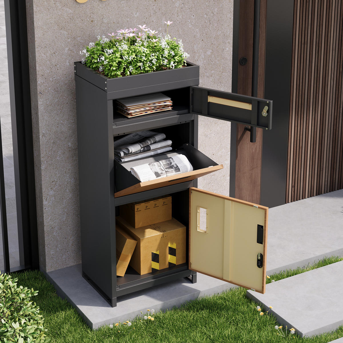 PAKETBRIEFKASTEN abschließbar Pflanzkasten integriert - Grau, Metall (50/118.5/37cm) - Fortuna Lai