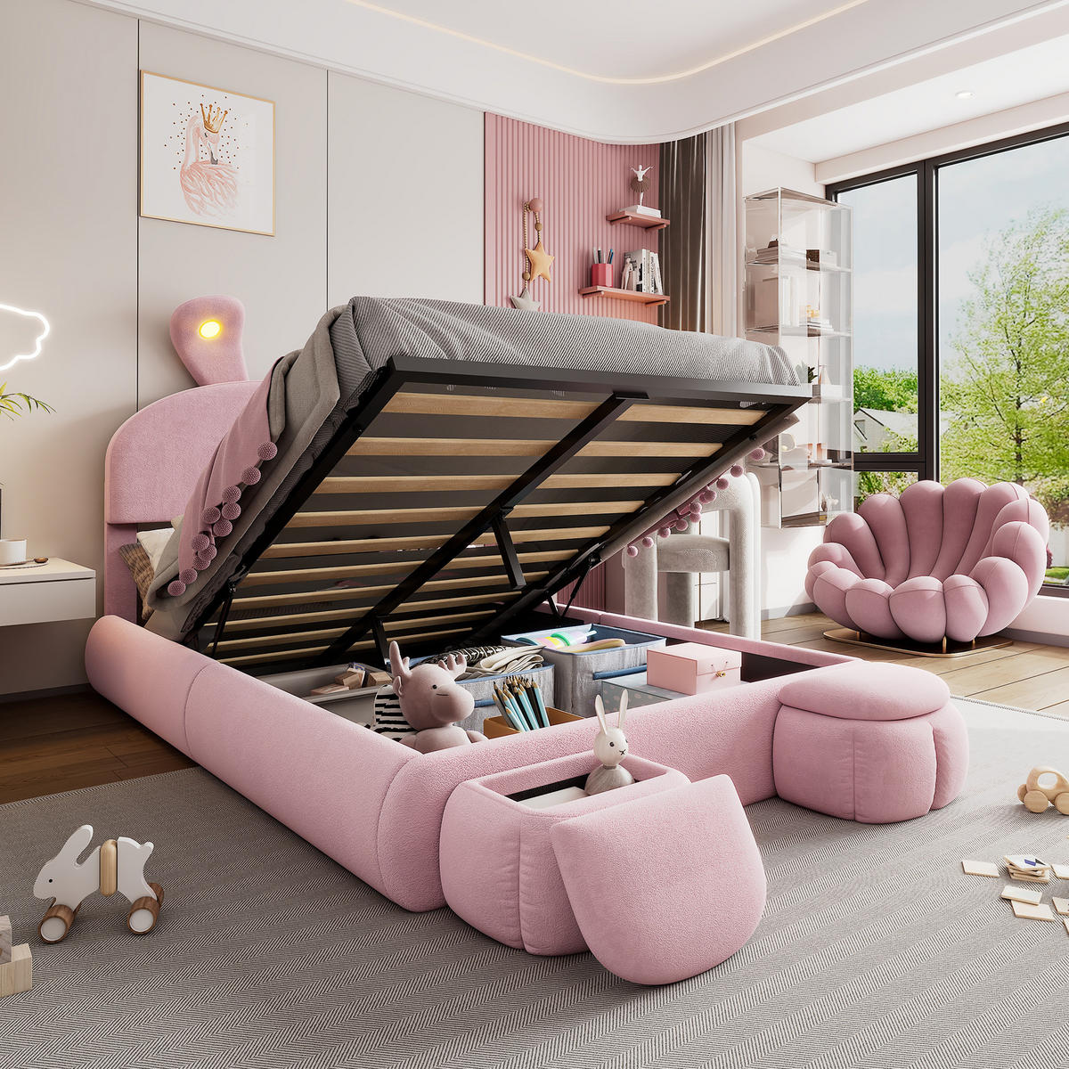 POLSTERBETT mit Stauraum 140x200 cm Samt Pink 2 Hocker - Pink, Metall (140/200cm) - Meubliv