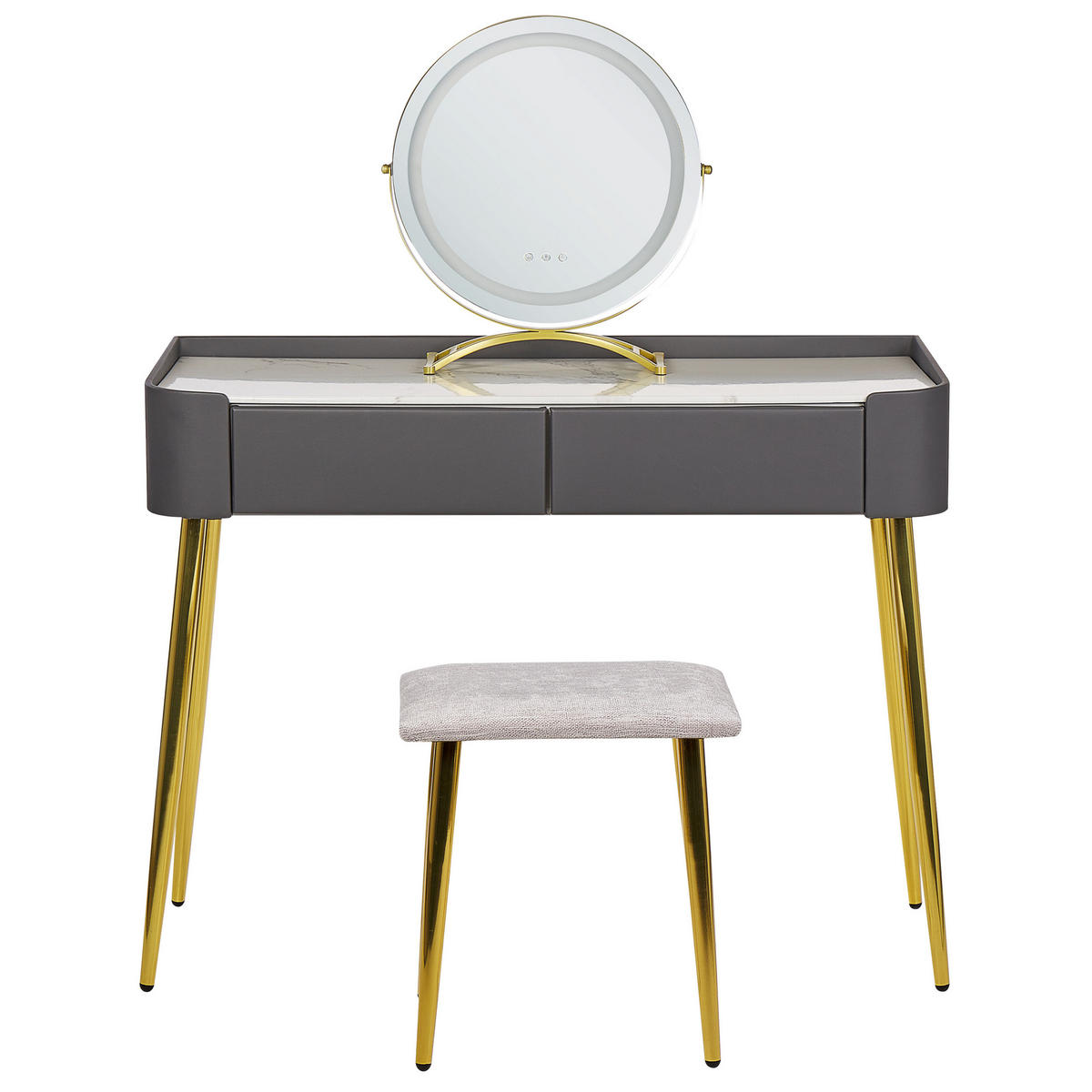 SCHMINKTISCH mit rundem LED-Spiegel Hocker 2 Schubladen grau/gold Surin - Goldfarben/Weiß, Holzwerkstoff (100/133/41cm) - Beliani