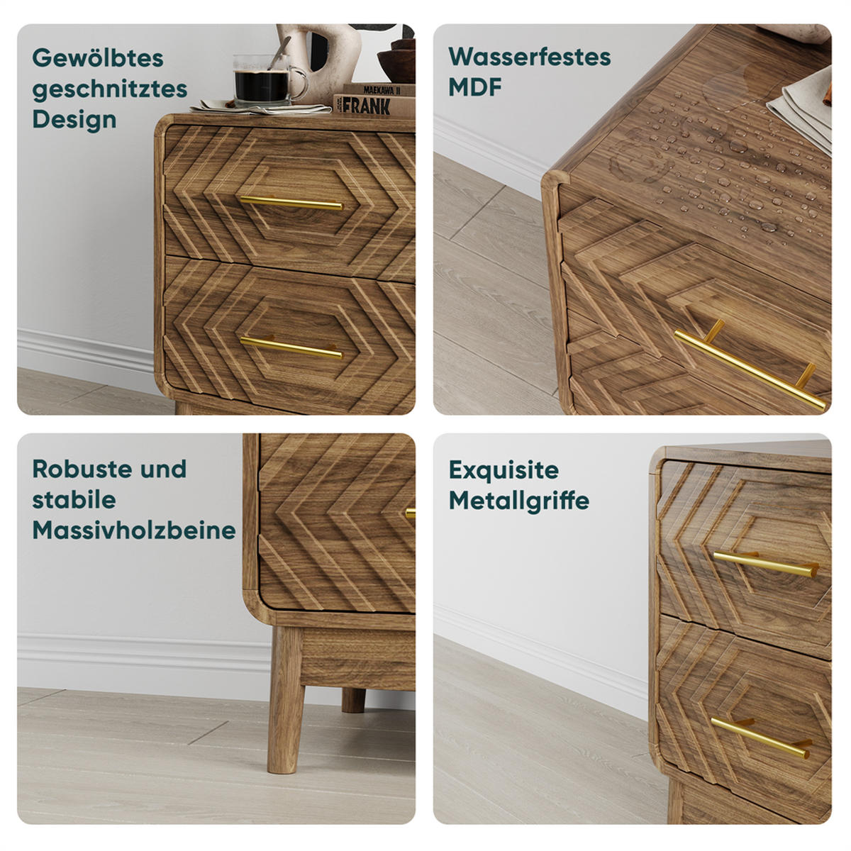 NACHTTISCH mit 2 Schubladen in Walnuss-Optik - Geometrischem 3D-Muster & Goldenen Griffen - Abgerundeten Ecken - Walnussfarben, Holzwerkstoff (38/56/48cm) - DELFA