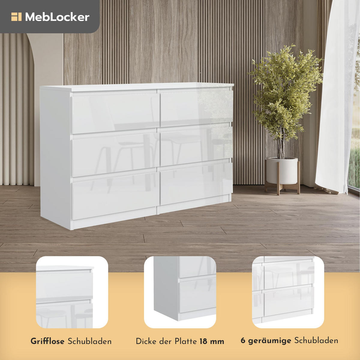 KOMMODE mit Schubladen Weiß mit HochglanzFronte 138,6 x 78,5 x 39 cm - Weiß Hochglanz, Holzwerkstoff (138.6/78.5/39cm) - MebLocker