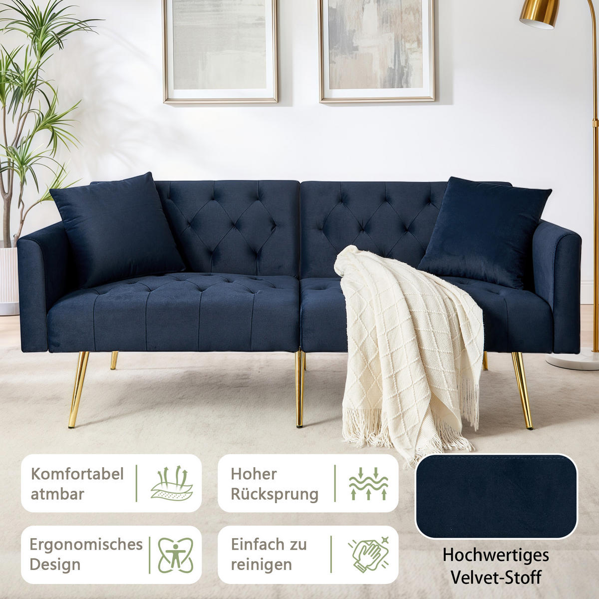 SCHLAFSOFA 177/78/74 cm in Blue Samt mit Aufbewahrungstasche - Blau, Textil (78/74/177cm) - Oxeza