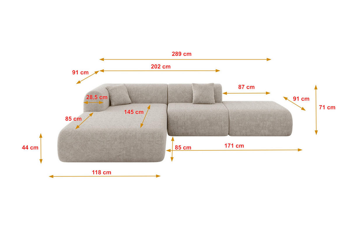 ECKSOFA Ottomane Links OVLY-L 289x176x71 Beige Chenille - Champagner/Beige, Holzwerkstoff/Kunststoff (176/289cm) - ALTDECOR