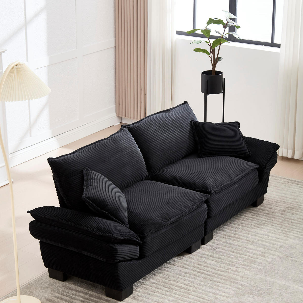 2-SITZER-SOFA aus Samt 224x81x81 cm Schwarz mit ultratiefem Sitz, gepolsterten Armlehnen und 2 Kissen - Schwarz, Textil (81/81/224cm) - Modfu