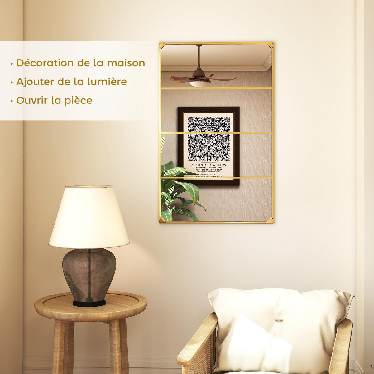 WANDSPIEGEL DE-14364 Verrière-Stil mit 4 Haken Gold - Goldfarben, Glas (109/69/2cm) - ComfortXL