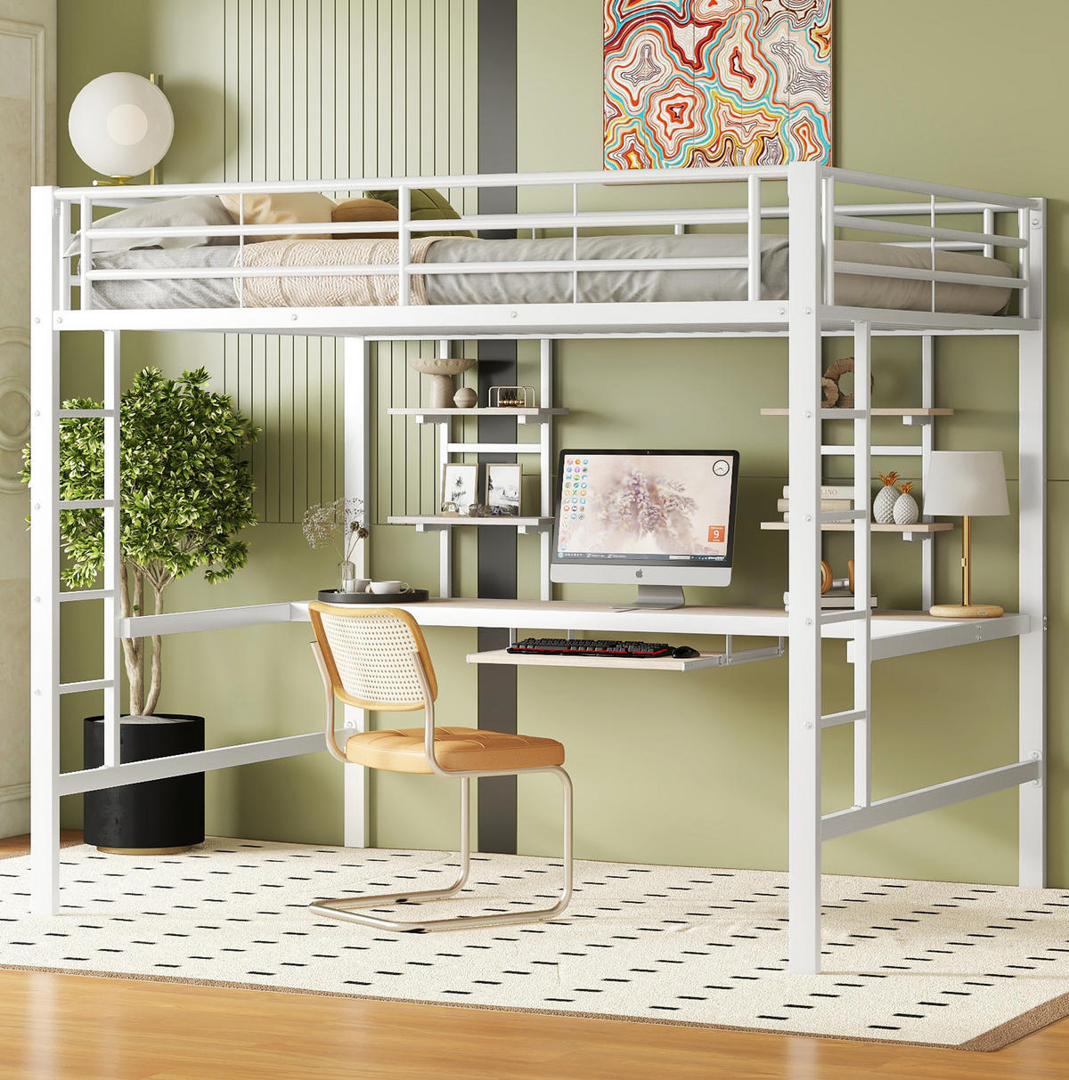 HOCHBETT 140/200 cm aus Metall mit Schreibtisch und 2 Regalen, Weiß - Weiß, Metall (140/200cm) - Flora Grace