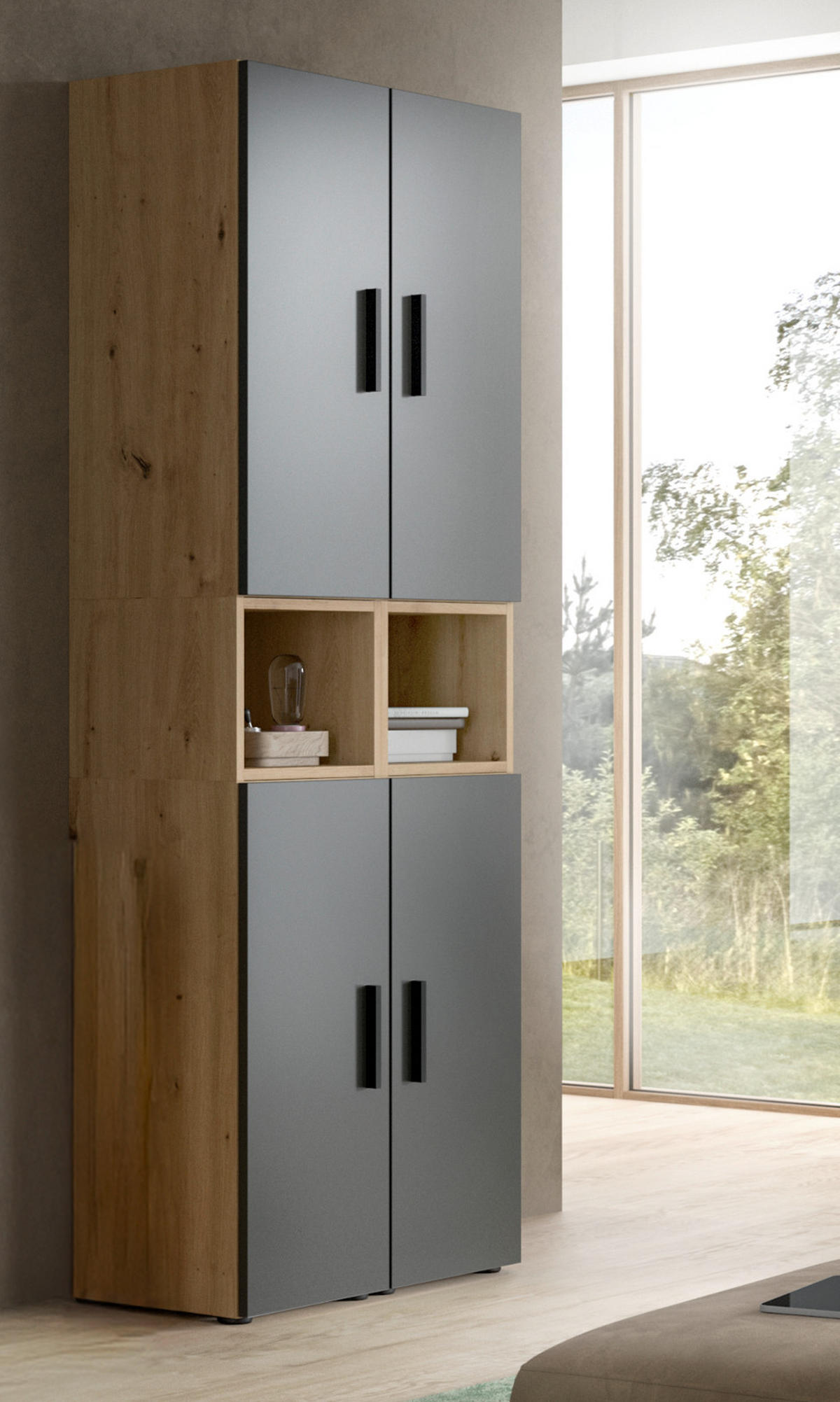 STAURAUMSCHRANK grau, Eiche Artisan 65 x 178 cm, Mehrzweckschrank mit viel Stauraum - Schwarz/Eiche Artisan, Holzwerkstoff/Kunststoff (65/178/34cm) - Inn.Furn