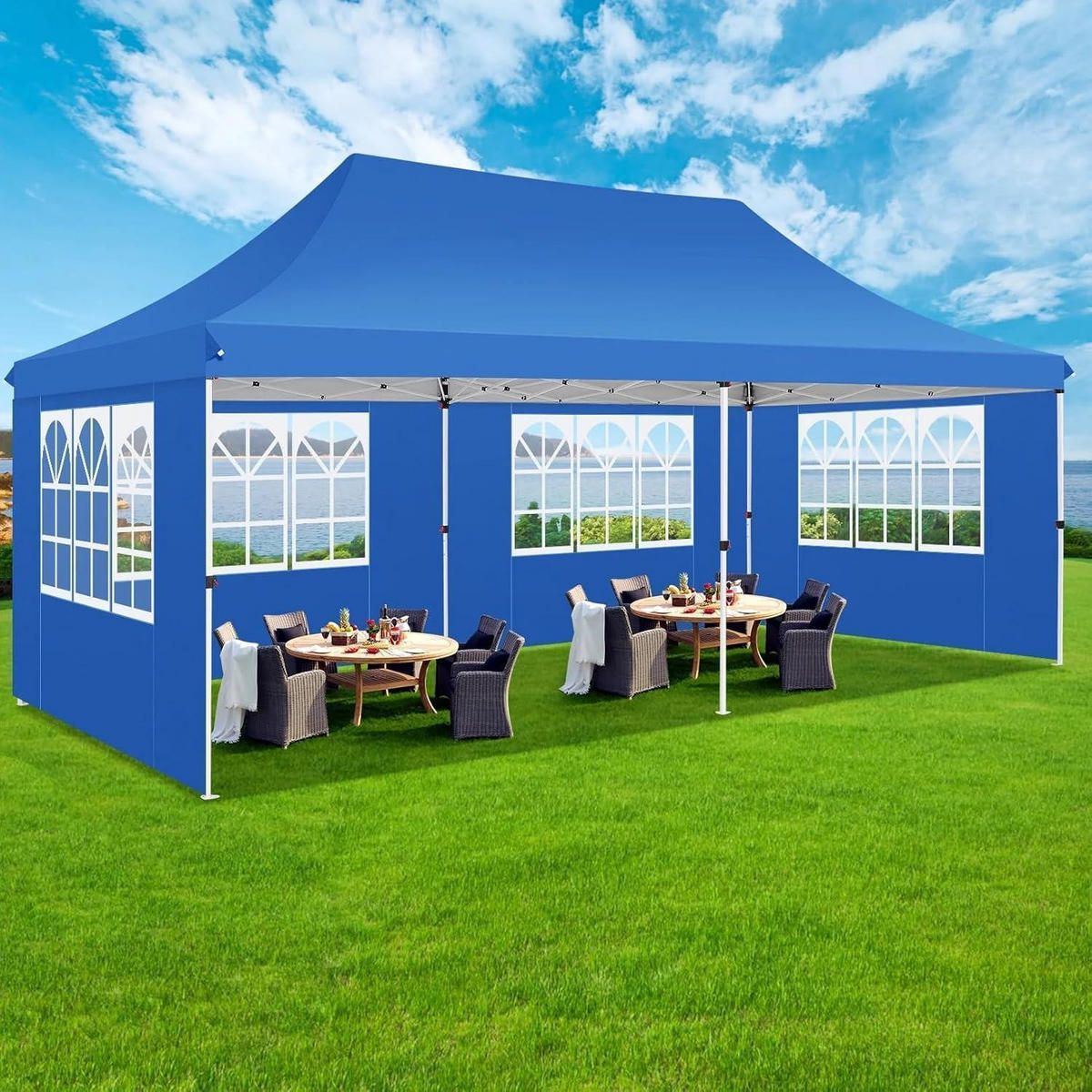 FALTPAVILLON 3 x 6 m wasserdicht mit 6 Seitenwänden - Blau, Textil (299.7/320/599.4cm)