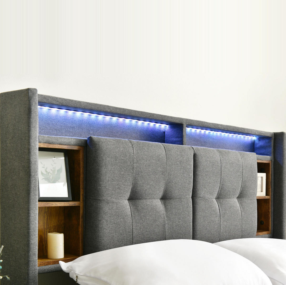 POLSTERBETT 140/200 cm Grau mit Stauraum, USB-Anschlüssen und LED-Beleuchtung - Grau, Holz (140/200cm) - Flora Grace