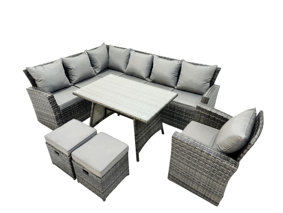 GARTENSET mit Esstisch Fußhocker Polyrattan 9-Sitzer - Dunkelgrau/Grau, Glas/Kunststoff - Fimous