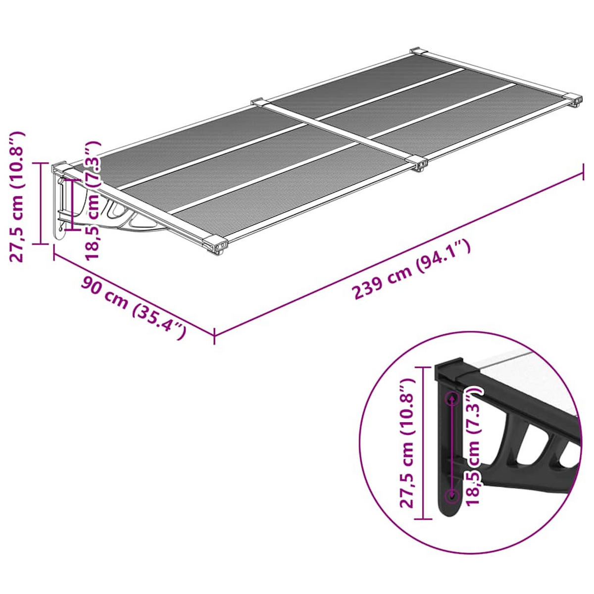 TÜRVORDACH Schwarz Und Transparent 239/90 Cm Polycarbonat - Transparent, Kunststoff (239/27.5/90cm) - vidaXL