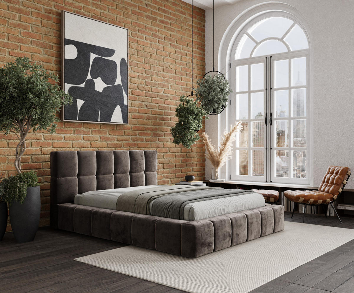 POLSTERBETT Kendal Dos Braun 160/200 cm im Chenille-Stoff - Schwarz/Naturfarben, Holz/Holzwerkstoff (160/200cm) - Maison de Reve