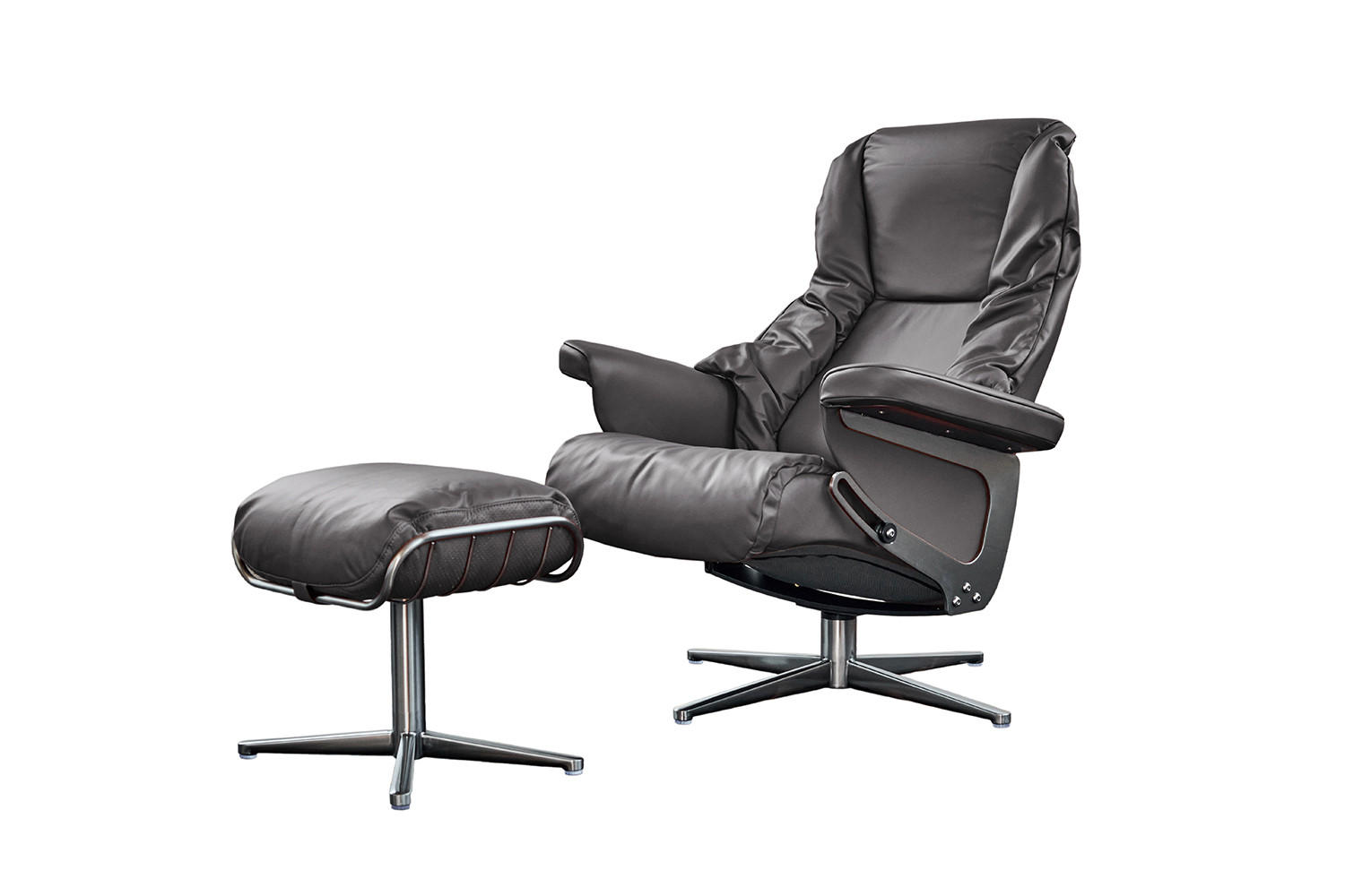 RELAXSESSEL MIT HOCKER MODO Grau Leder - Silberfarben/Grau, Leder/Metall (81/98/90cm) - KAWOLA