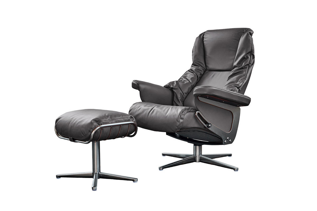 RELAXSESSEL MIT HOCKER MODO Grau Leder - Silberfarben/Grau, Leder/Metall (81/98/90cm) - KAWOLA