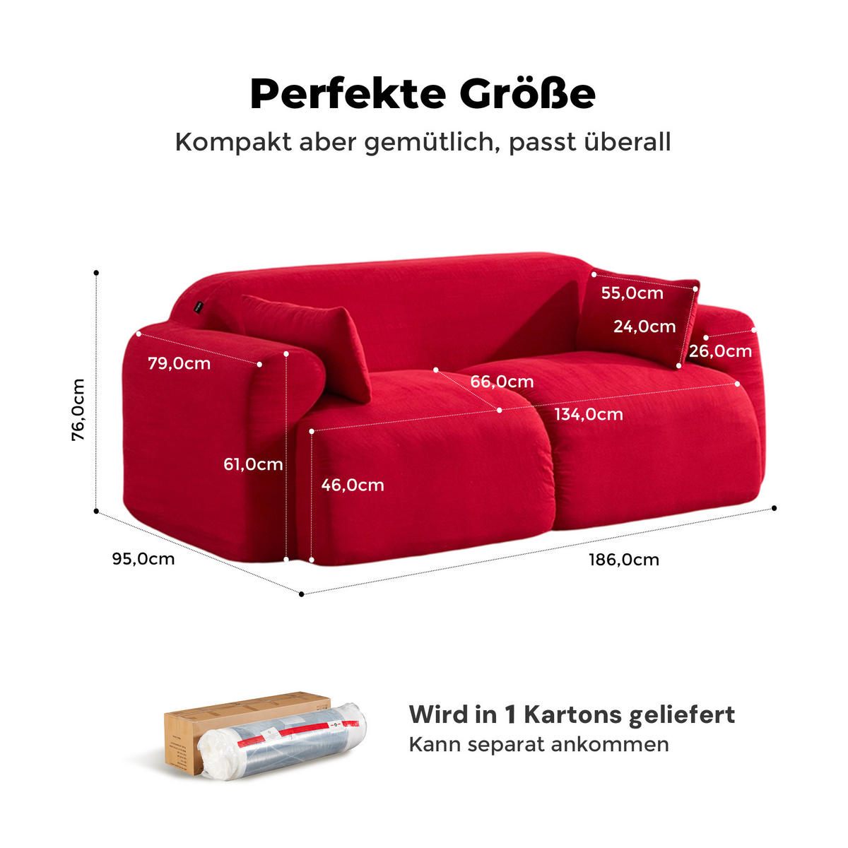2-SITZER-SOFA Hochsättigung komprimiert, DE-42530, Rot - Rot, Textil (186/76/95cm) - ComfortXL