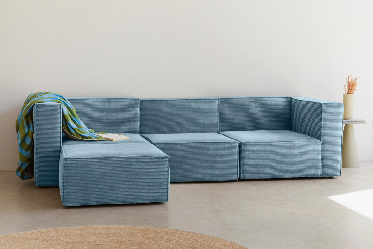 3-SITZER-SOFA Chaiselongue bezogen blauem Cordcornish-nicht modular-Samt HARPER - Blau, Textil (100/65/280cm) - RNT By Really Nice Things