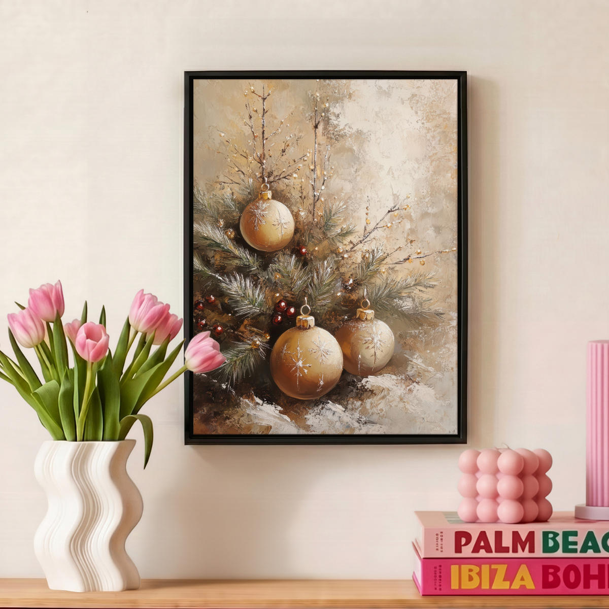 LEINWAND Bilder mit Rahmen - Weihnachten - Kugeln - Beige - Gold - 30x40 - Goldfarben, Textil (30/40cm) - MuchoWow