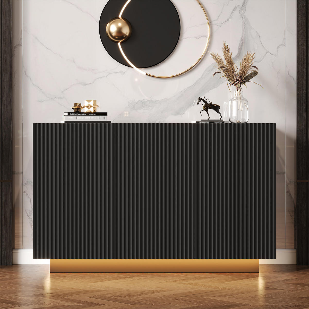 SIDEBOARD DE-37737 mit LED-Beleuchtung und Marmor-Optik Schwarz - Schwarz, Holzwerkstoff (120/75/40cm) - ComfortXL