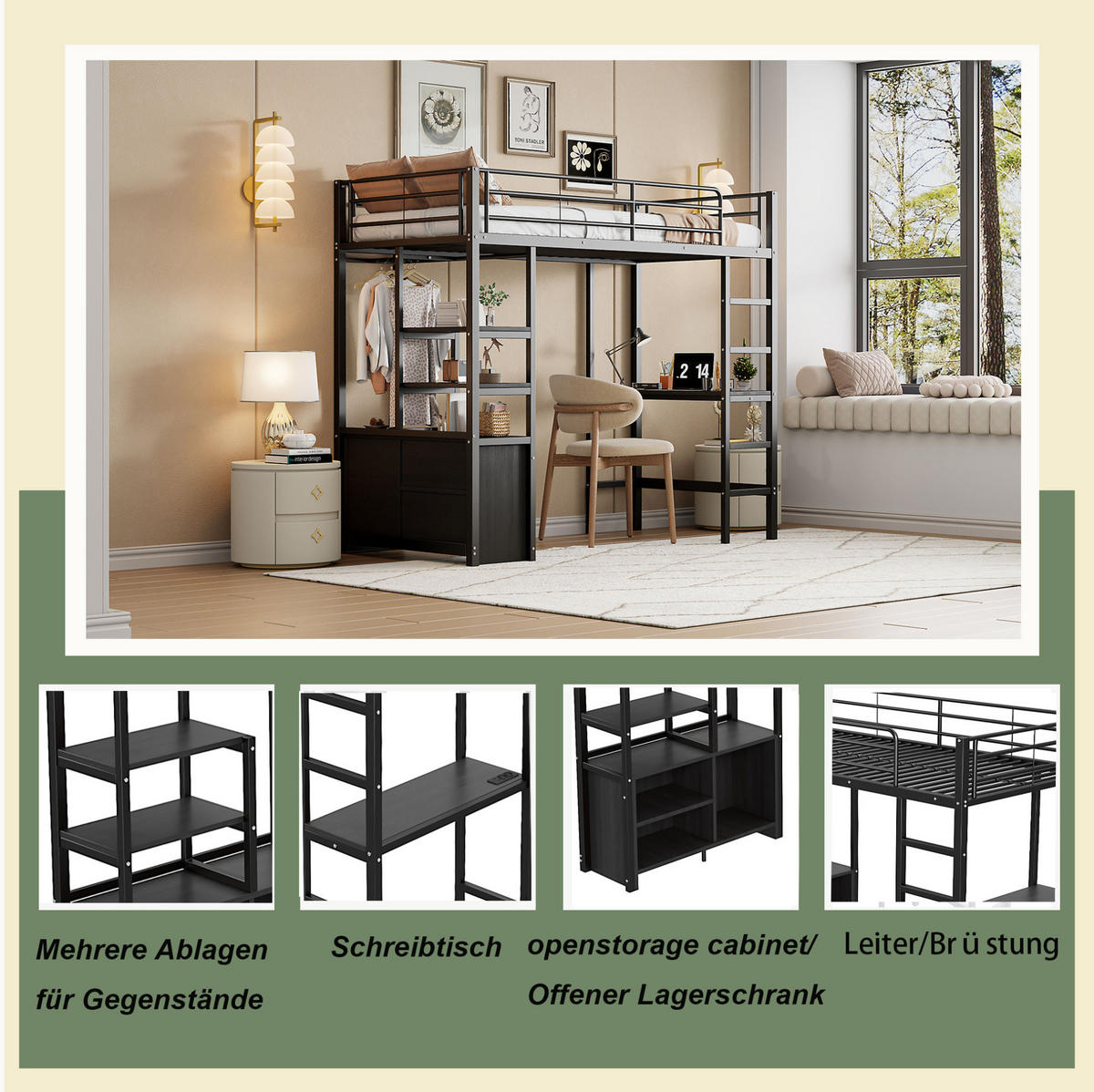 HOCHBETT 90/200 cm aus Metall mit Schreibtisch, Regalen und USB-Anschluss - Schwarz, Metall (90/200cm) - Flora Grace