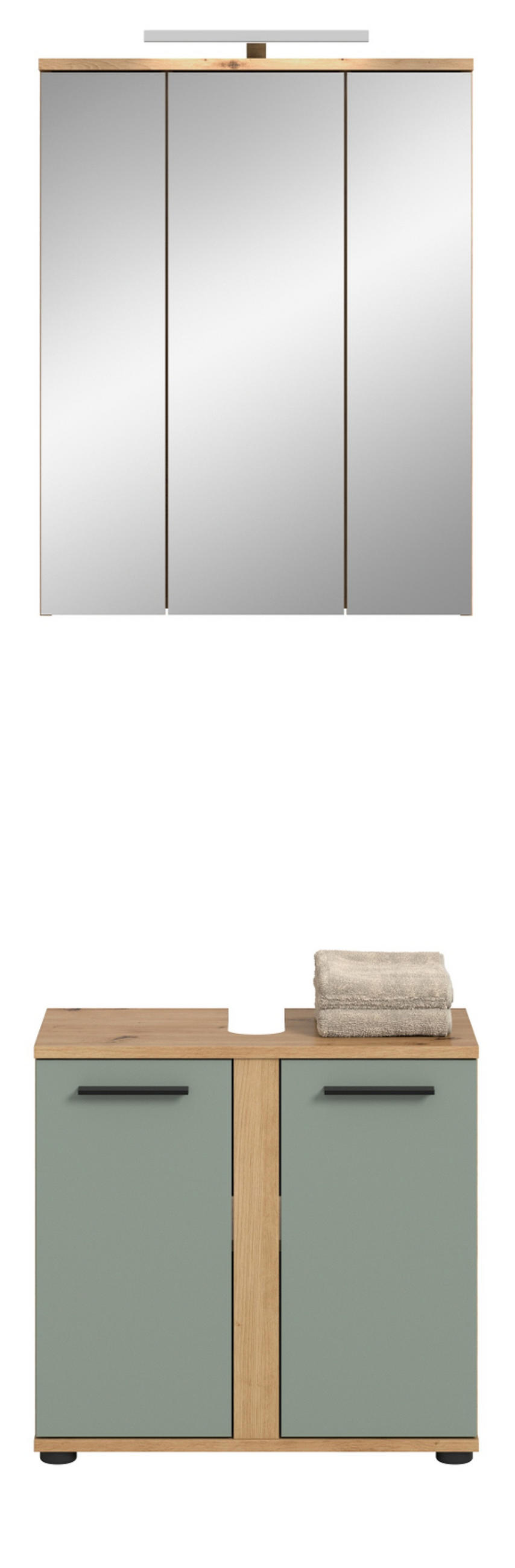 BADMÖBEL-SET Salbei grün, Eiche Artisan 60 cm 2-teilig, Badezimmerschränke inklusive LED Beleuchtung - Salbeigrün/Schwarz, Glas/Holzwerkstoff (60/191/34cm) - Inn.Furn