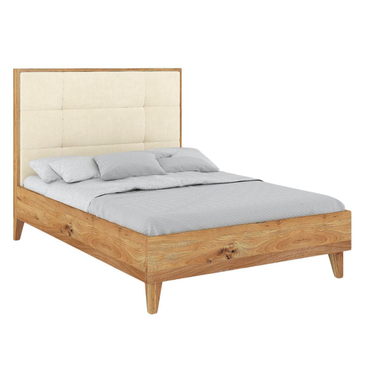 MASSIVHOLZBETT Frida, gepolstertes Kopfteil, Eiche - lackiert, Naturfarben/Ecru, 180x200 - Ecru/Eichefarben, Eichenholz/Holz (180/200cm) - Visby