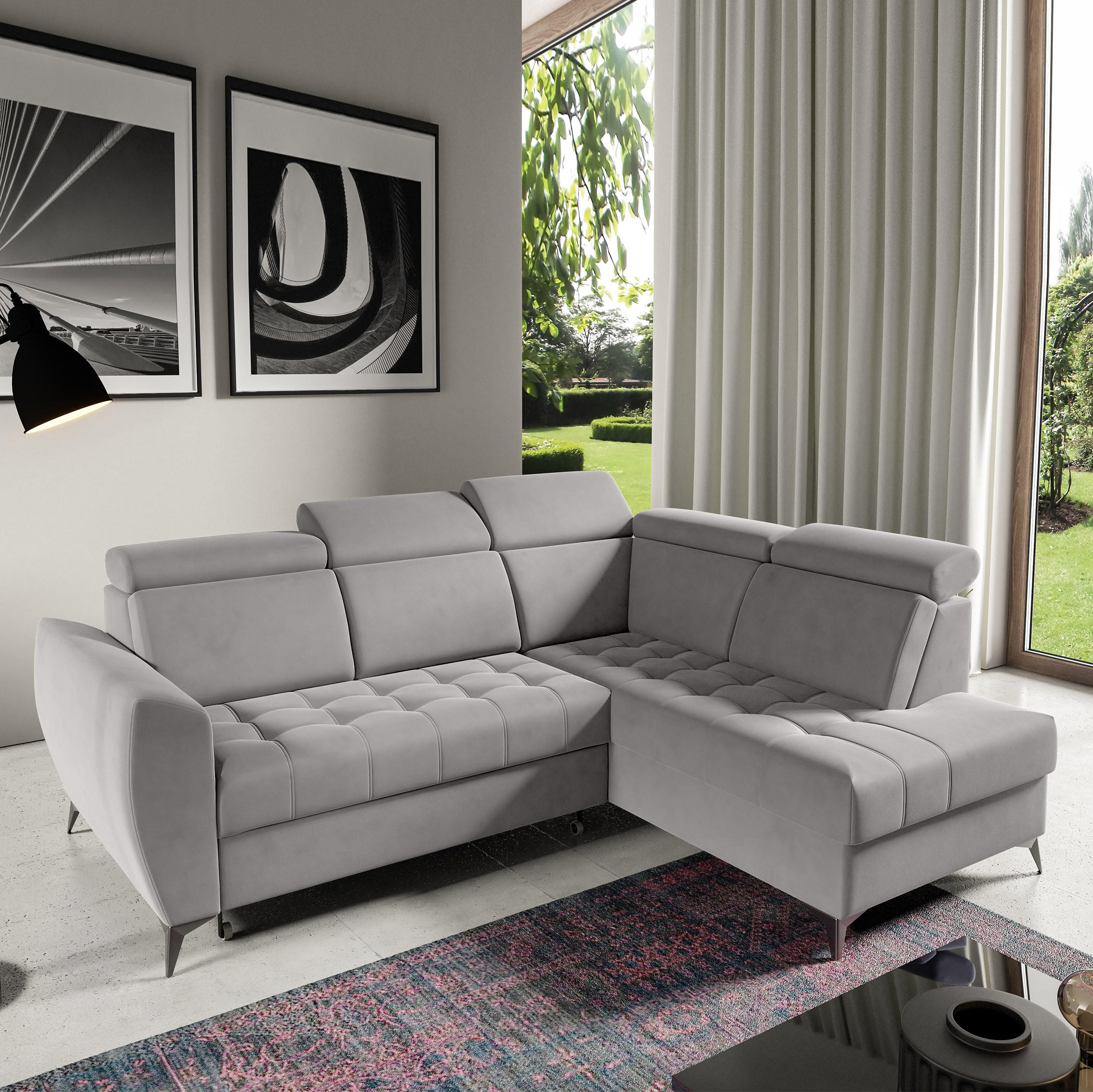 ECKSCHLAFSOFA Aurora II mit verstellbare Kopfstützen, Hellgrau, rechts - Hellgrau/Schwarz, Textil (266/204cm) - Beautysofa