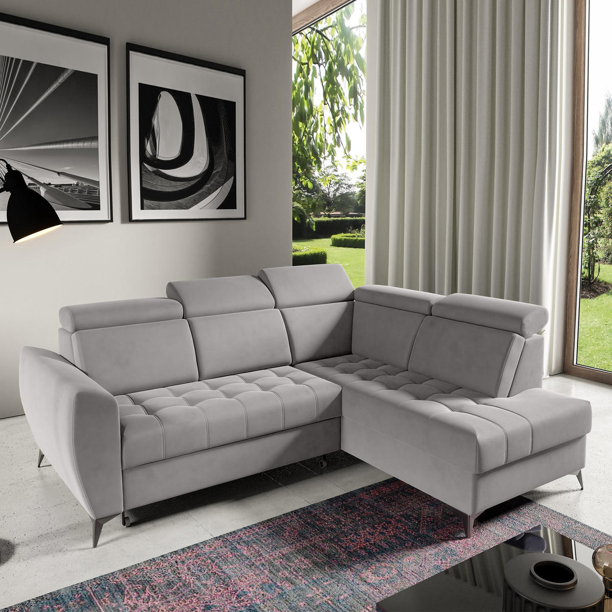 ECKSCHLAFSOFA Aurora II mit verstellbare Kopfstützen, Hellgrau, rechts - Hellgrau/Schwarz, Textil (266/204cm) - Beautysofa