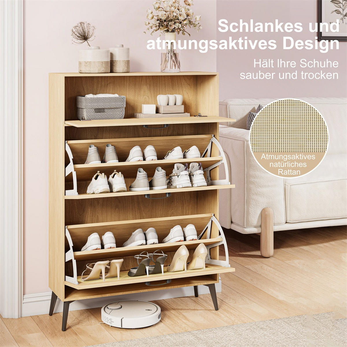 SCHUHSCHRANK im skandinavischen Design - Kipp-Schuhkipper mit 2 Klappen und dekorativem Geflecht - Eichefarben, Holzwerkstoff (24/99/80cm) - DELFA