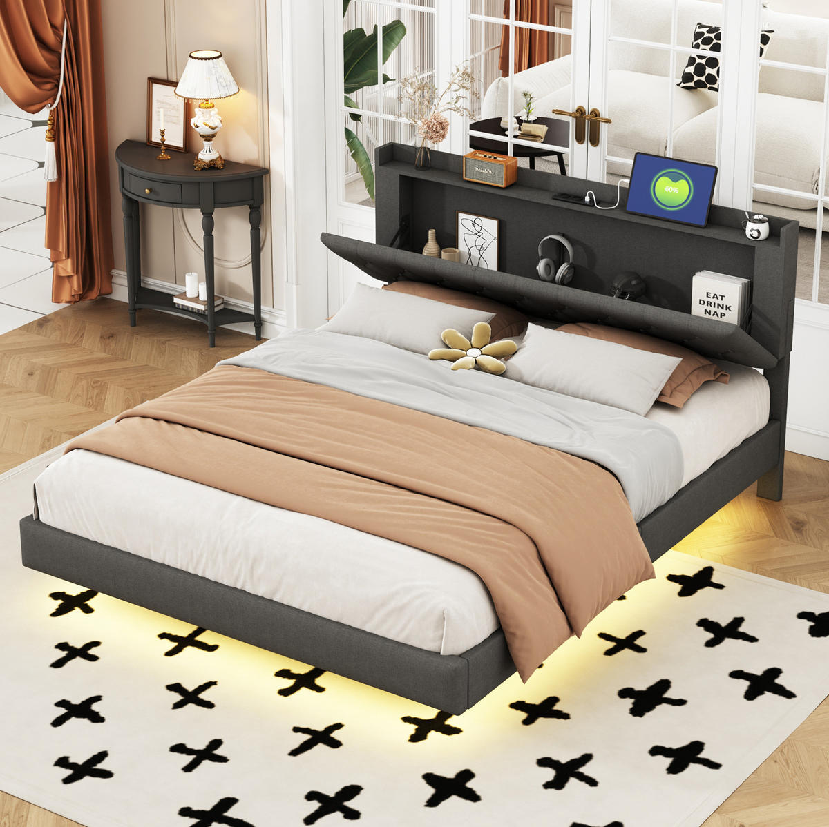 POLSTERBETT 160/200 cm aus Leinenstoff mit LED-Lichtleiste, USB-Anschluss und Stauraum, Grau - Grau, Textil (160/200cm) - Redom