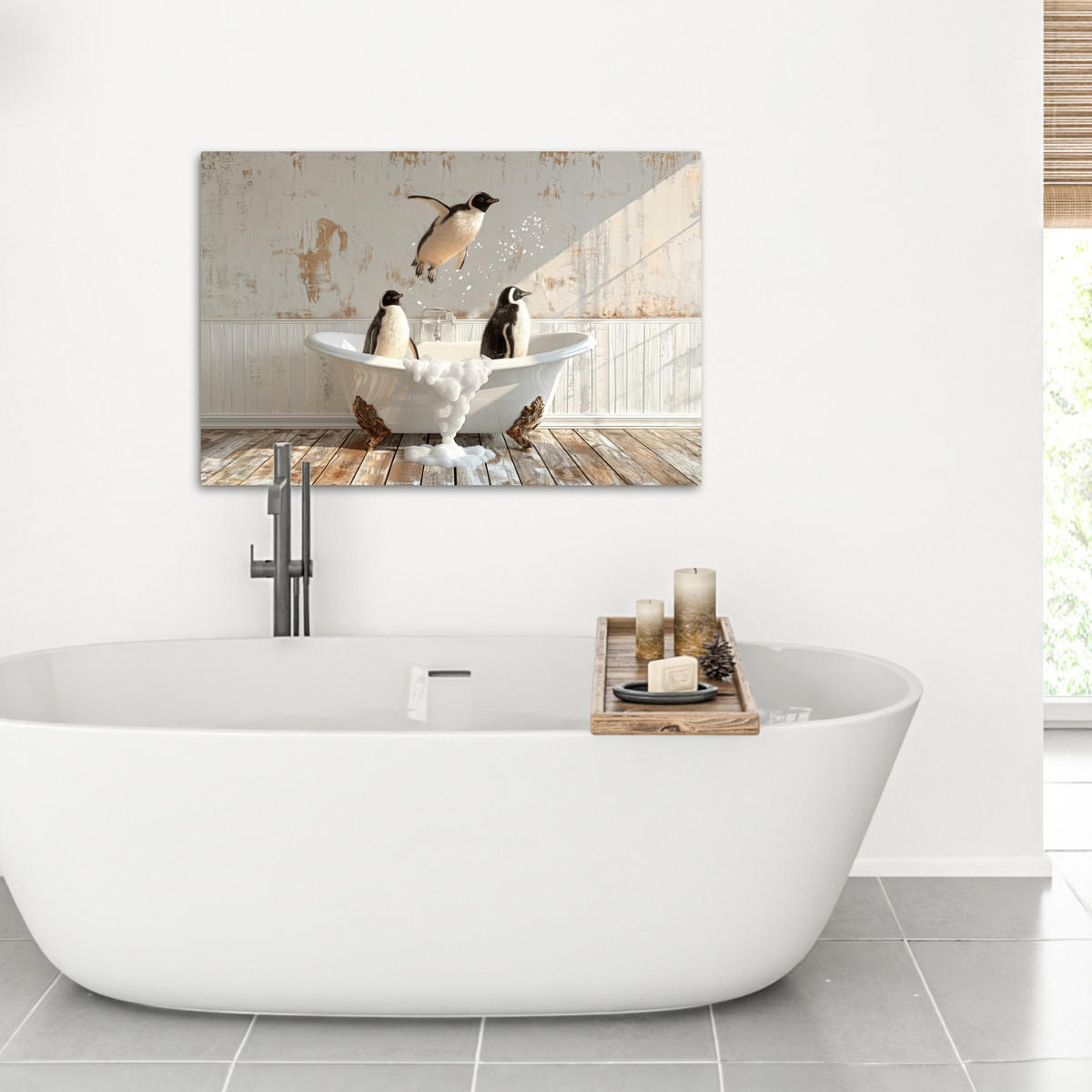 LEINWANDBILD Vintage - Pinguin - Badewanne - Schaumstoff Wanddeko 90x60 cm - Schwarz, Textil (90/60cm) - MuchoWow