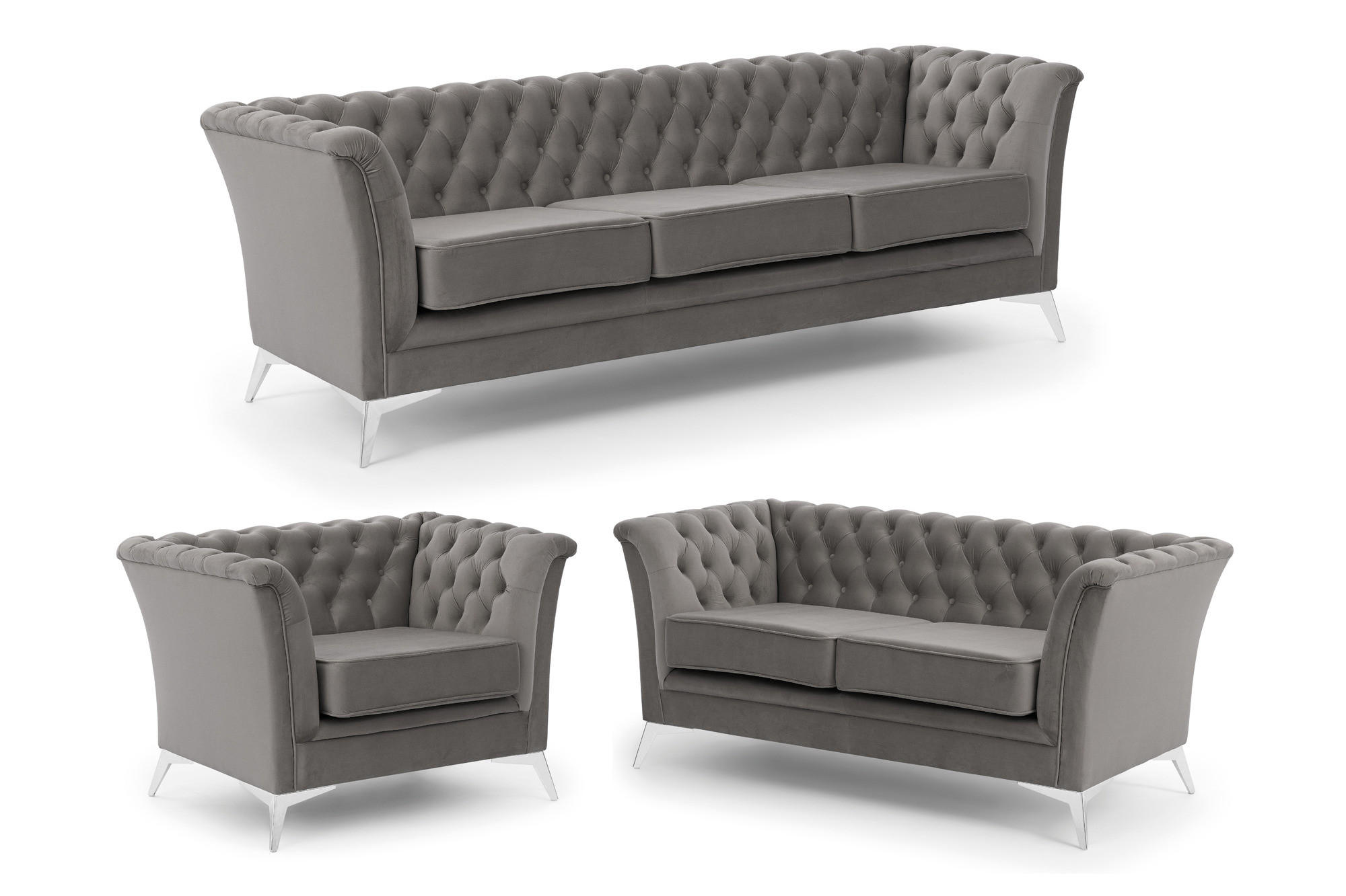 SITZGARNITUR 3+2+1 Chesterfield Whitby Grau Samt mit silbernen Füßen - Silberfarben/Grau, Holz/Textil (237/78/82cm) - S-Style Möbel