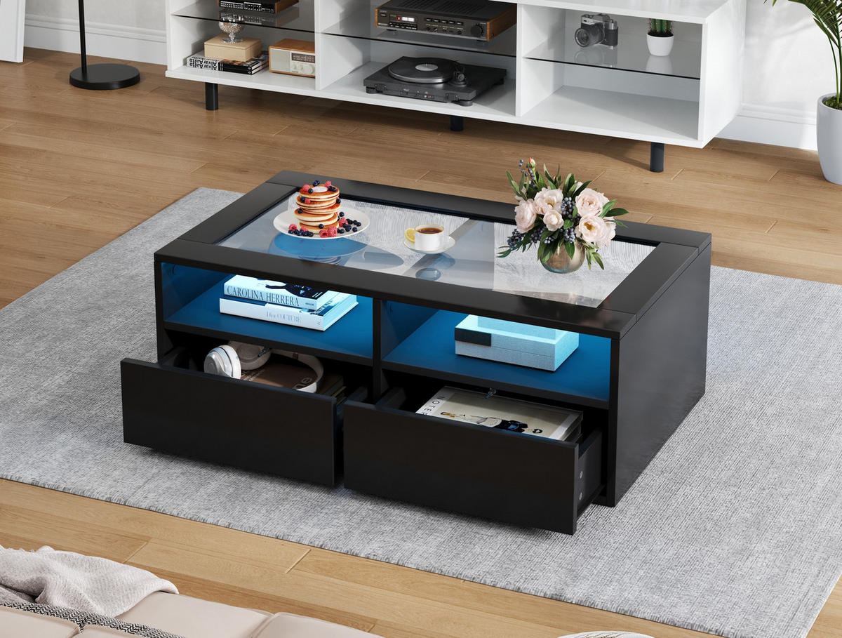 COUCHTISCH 100/50/35 cm Schwarz aus Glas und Spanplatte mit LED-Beleuchtung - Schwarz, Glas (100/50/35cm) - OKMYHOME