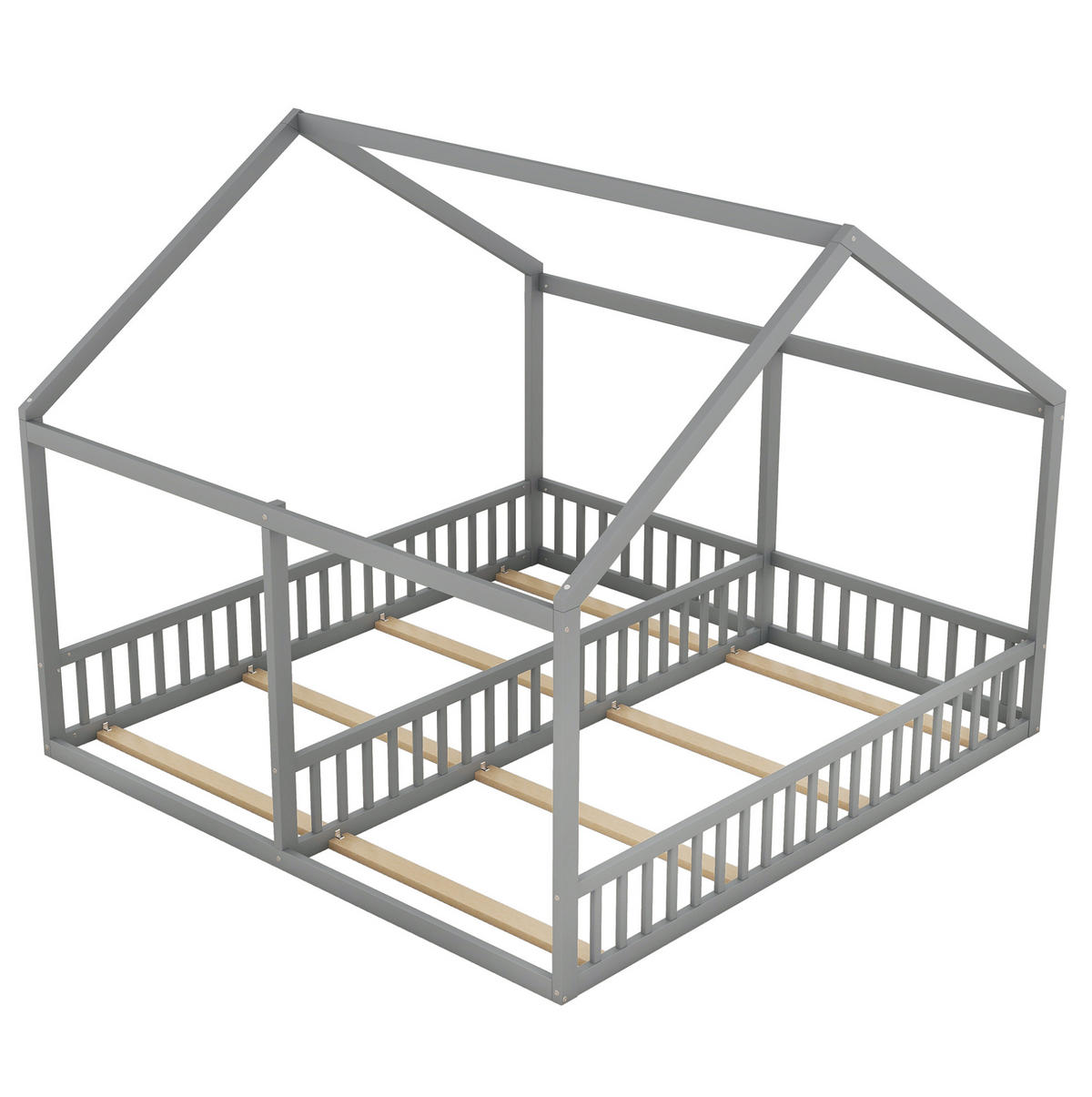 KINDERBETT aus Kiefer 204x187x168 cm Grau 2-in-1 Hausbett mit Schutzgitter - Grau, Holz (90/200cm) - Modfu