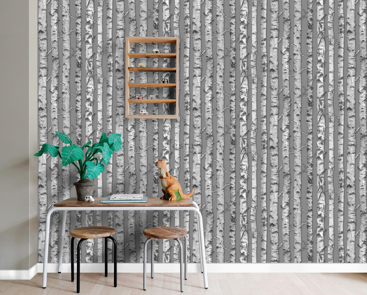 TAPETE Birkenstämme 53 cm x 10.05 m - Schwarz, Papier (53/1000cm) - ESTAhome