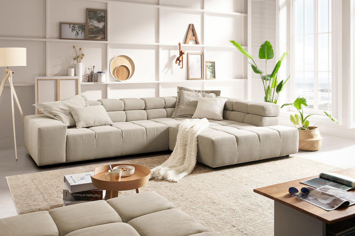 ECKSOFA MIT MOTORISCHEM SITZVORZUG NEVADA Beige Cord - Beige/Schwarz, Kunststoff/Textil (319/215cm) - KAWOLA