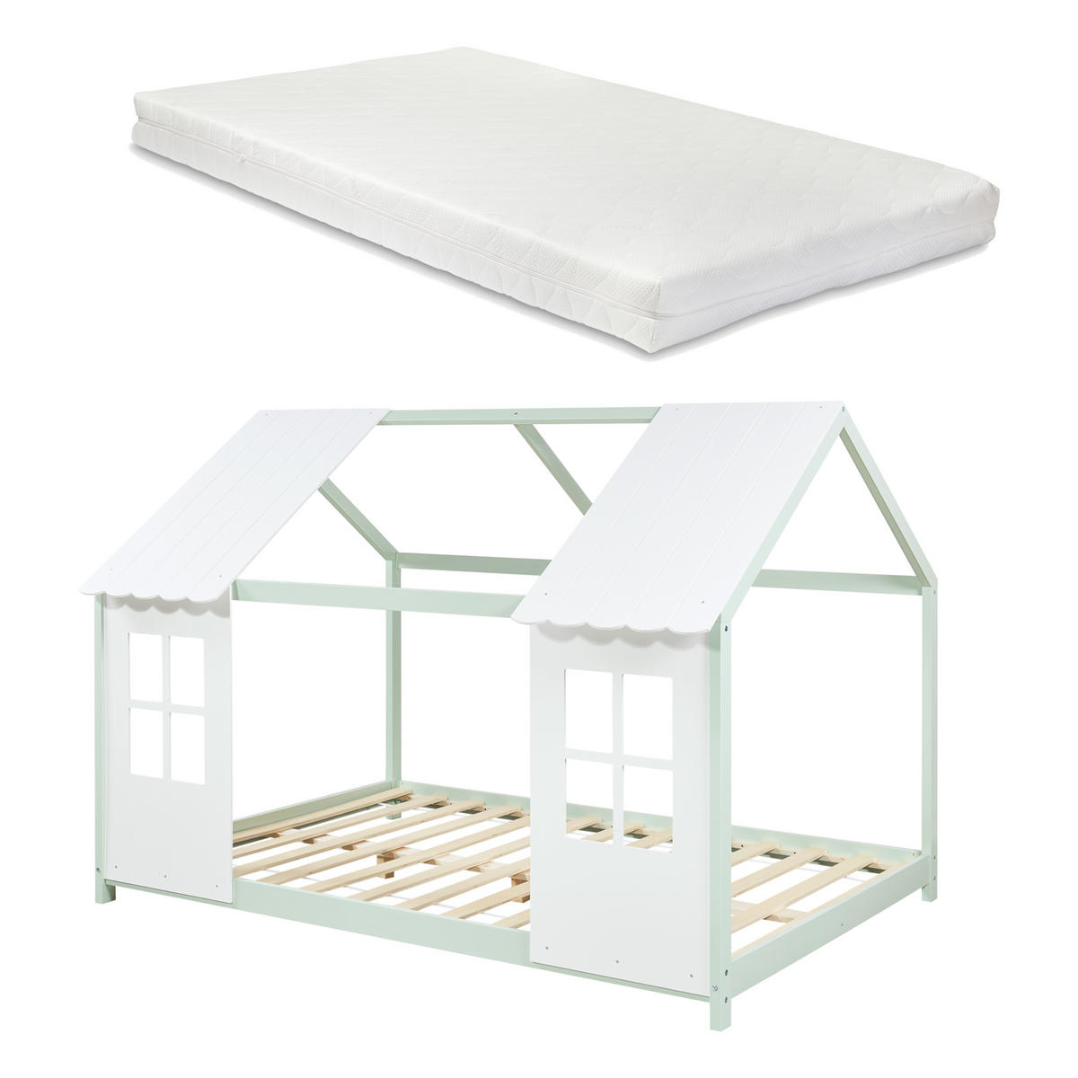 HAUSBETT Tostedt mit Matratze - Weiß/Mintgrün, Holz/Textil (140/200cm) - [en.casa]
