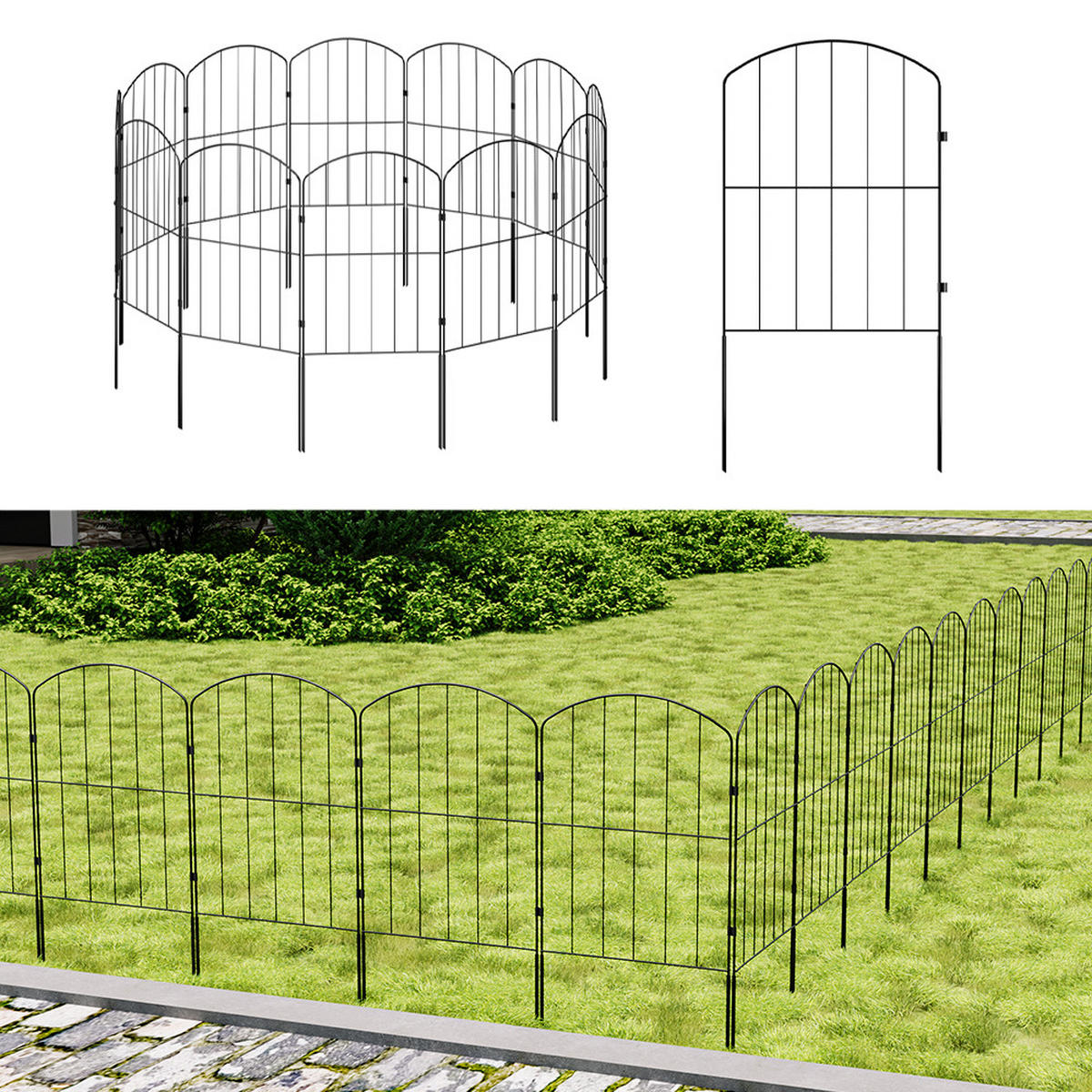 GARTENZAUN 25Stück aus Metall in Schwarz Abnehmbares Design Robuste Metallkonstruktion je Paneel: 31 cm B × 61 cm H - Schwarz, Metall (31cm) - Livingandhome