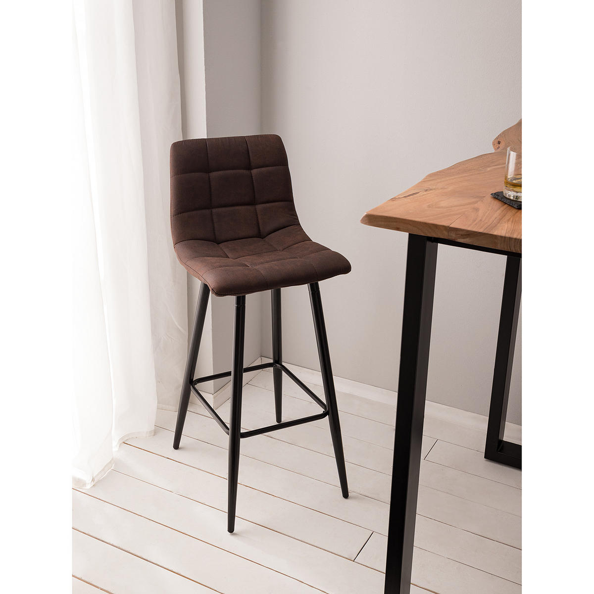 BARSTUHL - 2er-Set - Microfaser / Stahl - Schwarz - Braun, Textil/Metall (43/104/52cm) - home24