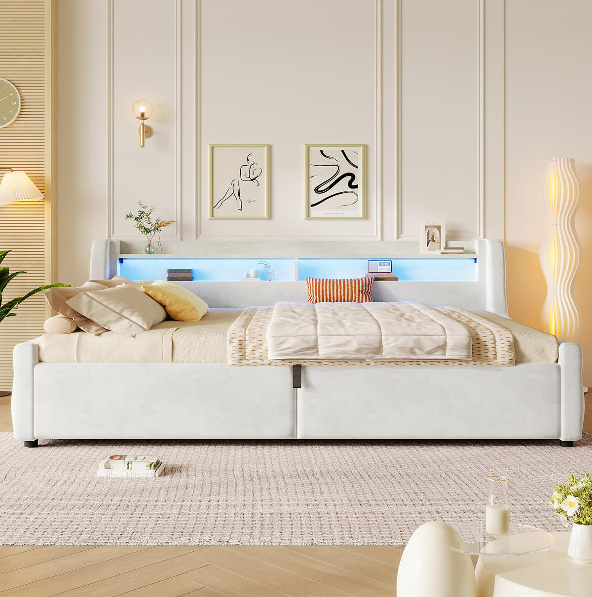 POLSTERBETT 140x200 cm in Offwhite mit LED-Kopfteil und hydraulischem Bettkasten - Creme, Textil (140/200cm) - IVMEU